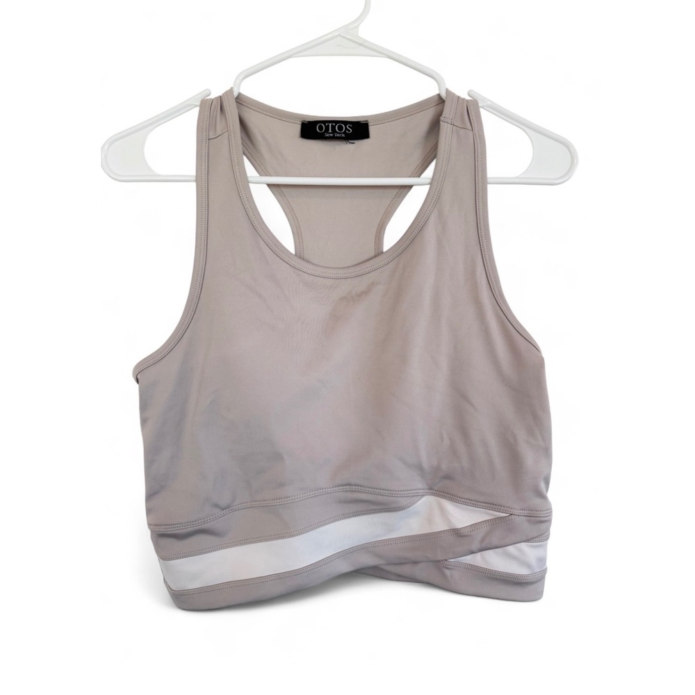 Otos New York Womens Padded Racerback Active Tank Top Taupe Mesh Hem Small